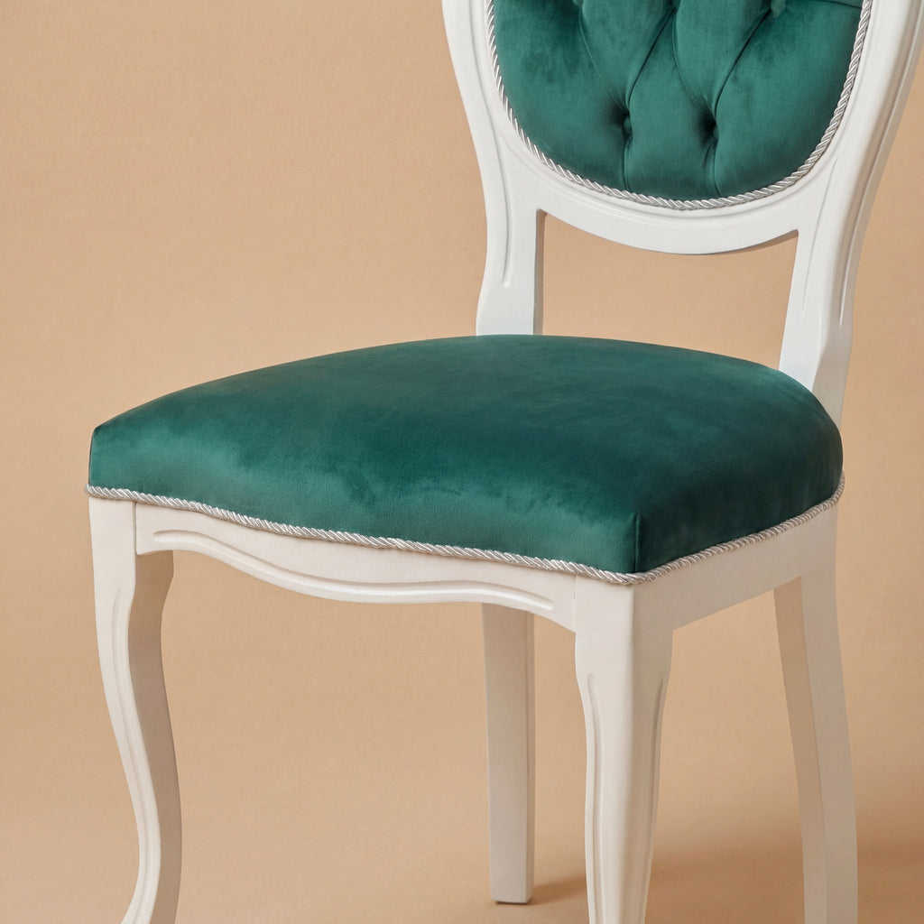 The 'Louis-Philippe Foglia' Dining Chair | White Solid Beech Wood & Tufted Velvet