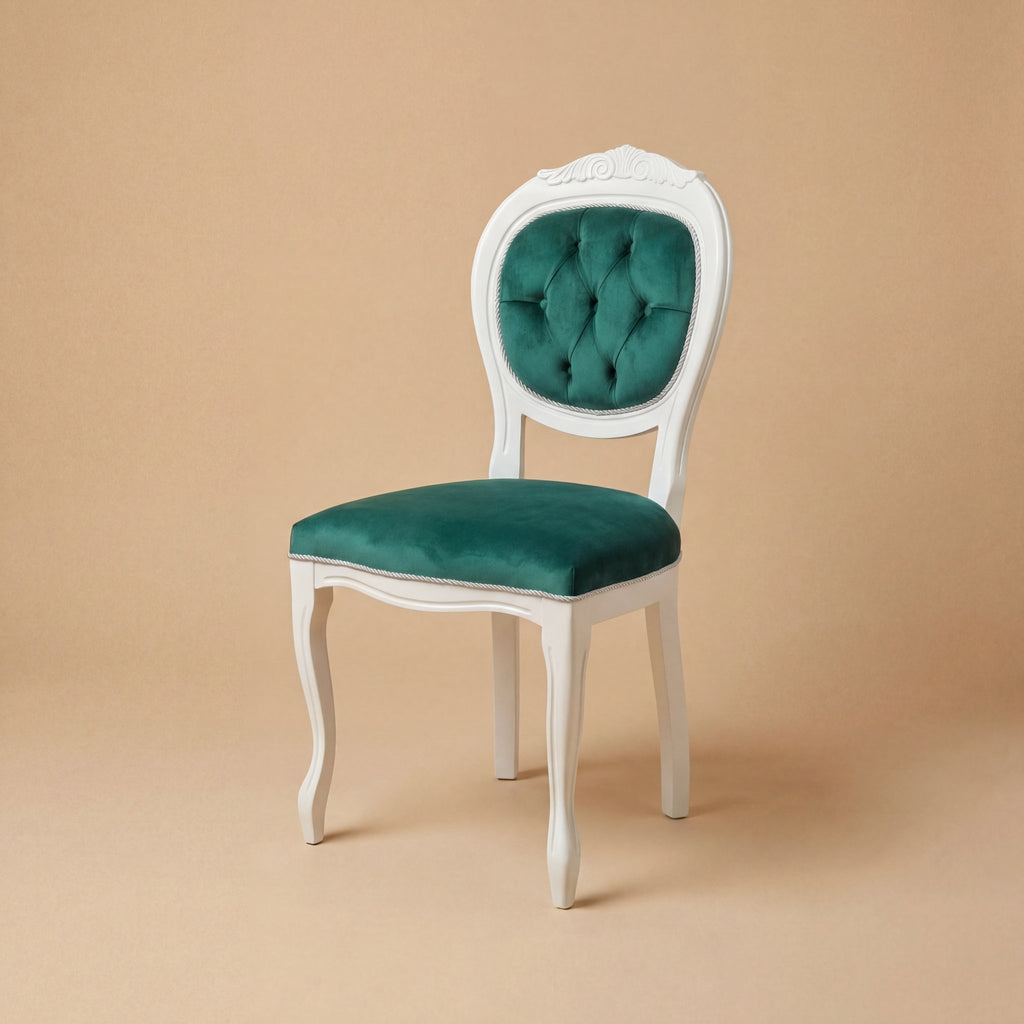 The 'Louis-Philippe Foglia' Dining Chair | White Solid Beech Wood & Tufted Velvet