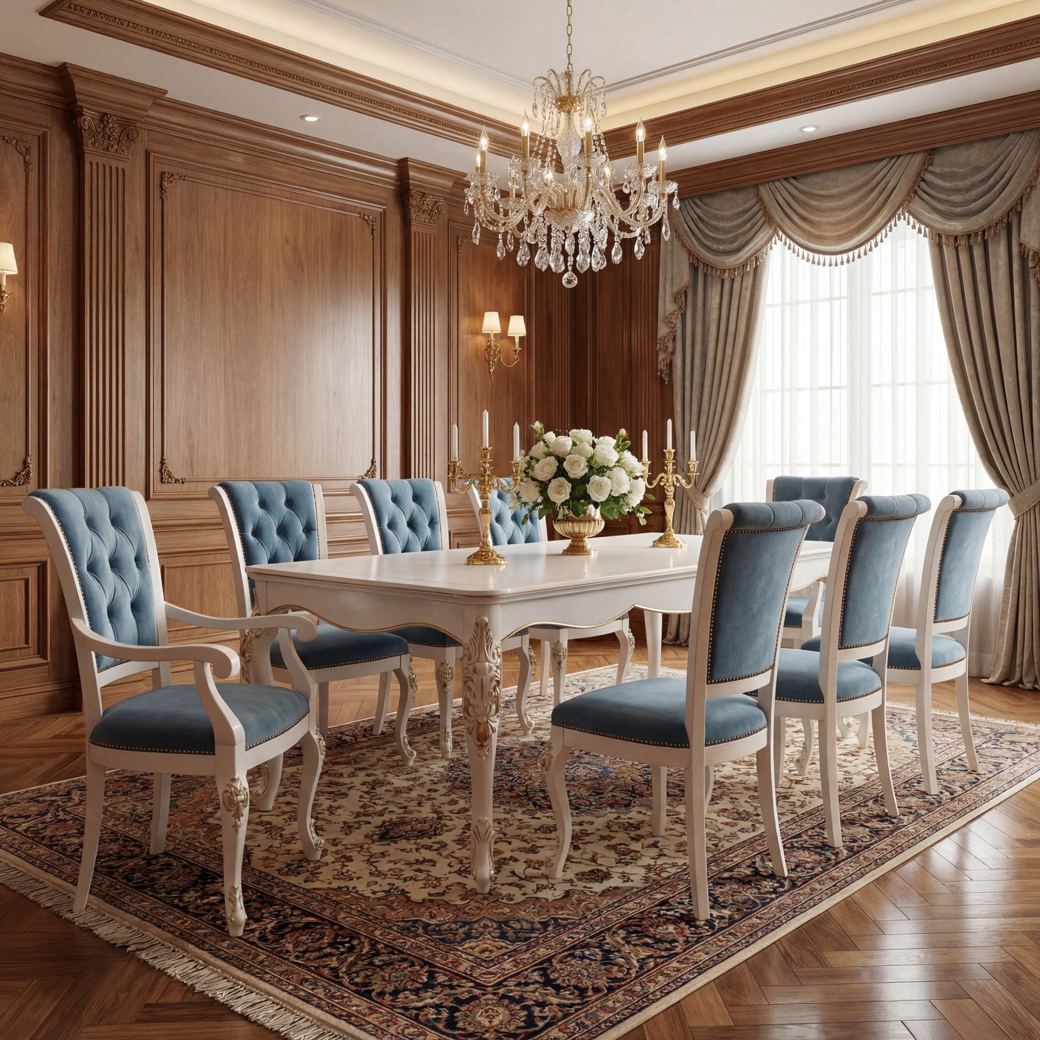 The 'Venere' Gold Edition Dining Table | White Solid Beech Wood & Gold Accents