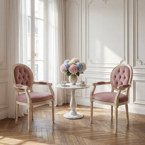 The 'Louis XVI' Dining Armchair | Beige Solid Beech Wood & Tufted Velvet
