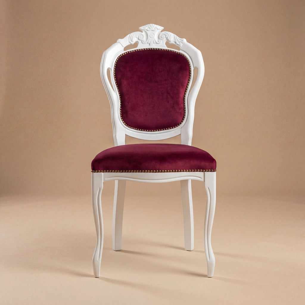 Front view of Louis Philippe Venezia dining chair in white lacquer with burgundy velvet upholstery.