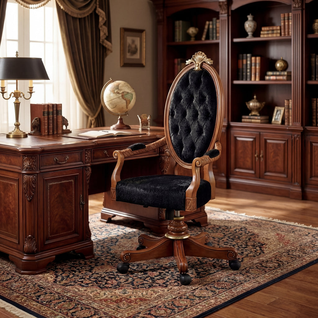 Elegant executive office featuring the Meggio Con Cresta chair in walnut and black velvet next to a classic wooden desk.