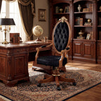 Elegant executive office featuring the Meggio Con Cresta chair in walnut and black velvet next to a classic wooden desk.