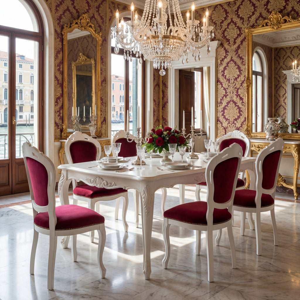 Elegant dining room setup featuring Louis Philippe Venezia chairs in a luxury white and red theme.