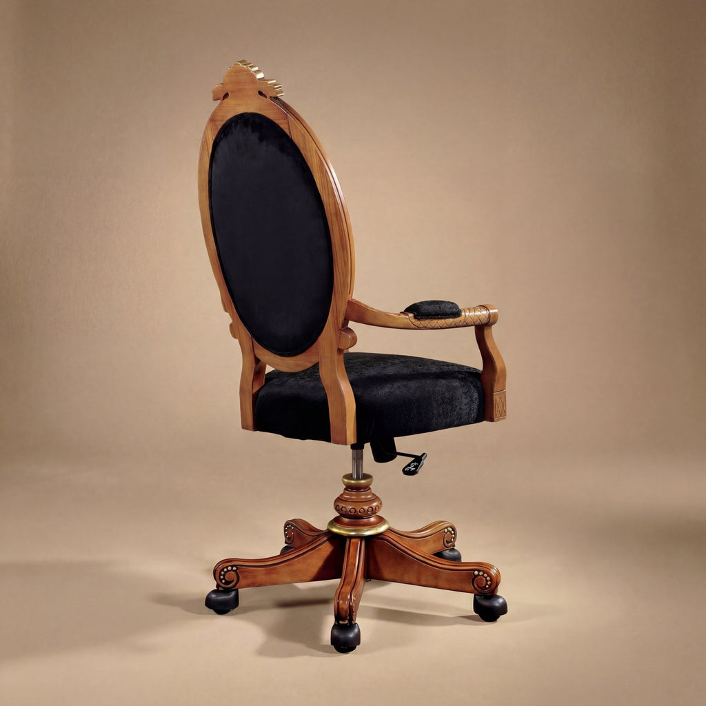 Angled rear view showcasing the premium walnut wood grain finish and gold accents on the base.