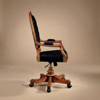 Side profile of the Meggio chair showing the S-curve backrest support and height adjustment lever.