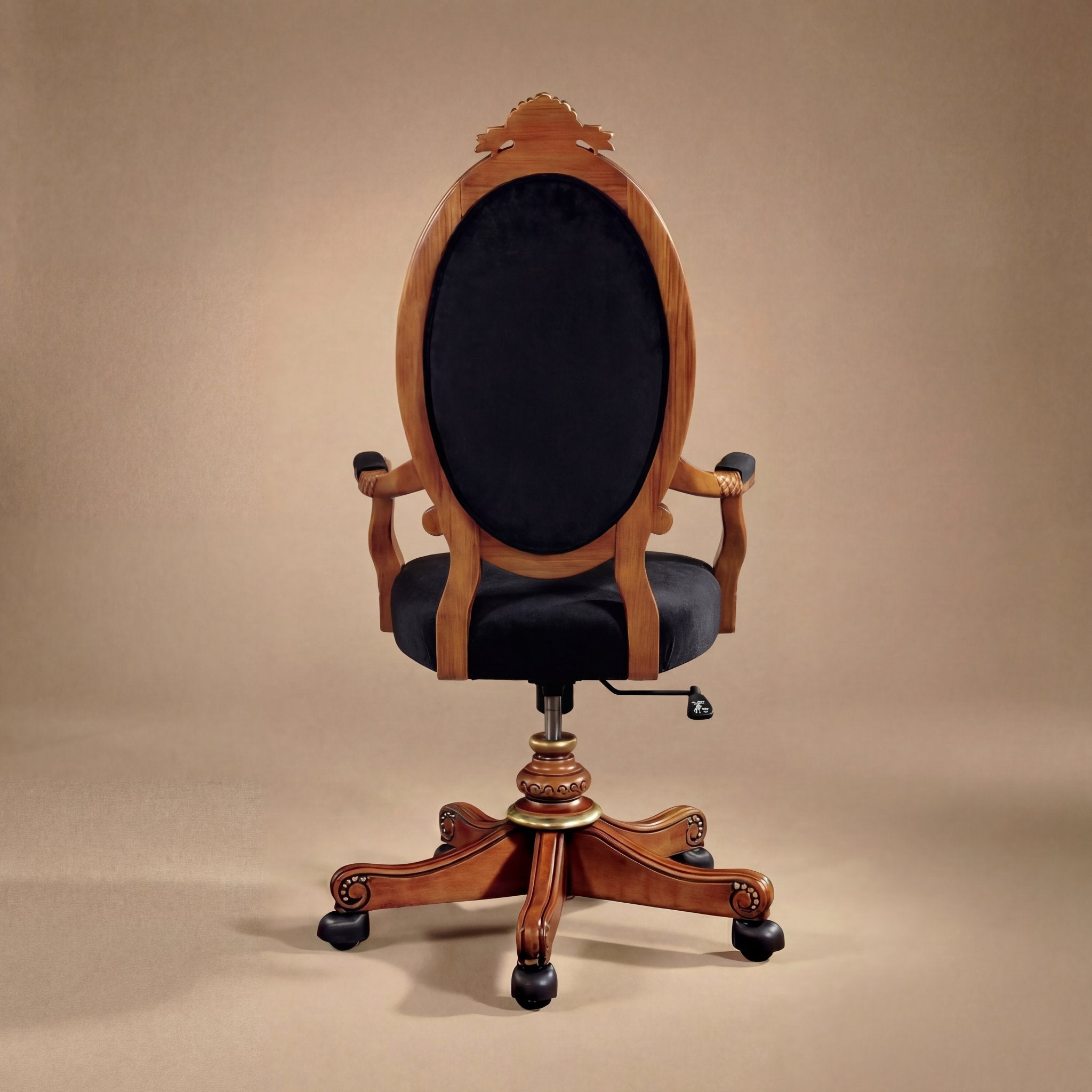 Rear view of the Meggio chair showing the solid wood oval back panel and sturdy construction.