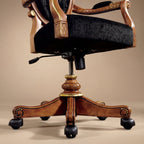 Detail of the 5-star solid wood base with gold rings, swivel mechanism, and intricate armrest carvings.